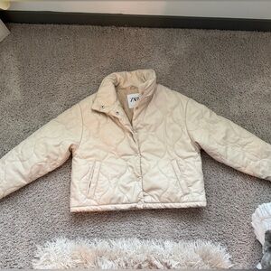 Zara Beige Quilted Faux Leather Jacket